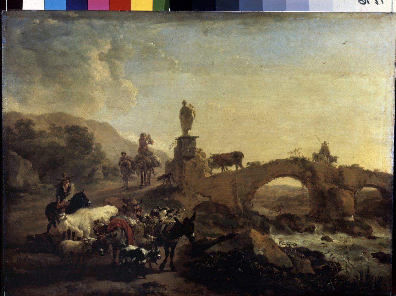"Paisaje italiano con un pequeño puente" Pintura de Nicolaes (Claes) Pietersz Berchem el Viejo (1620-1683) 1656 Dim. 44,5x61 cm Museo del Hermitage, San Petersburgo de Nicolaes Pietersz. Berchem