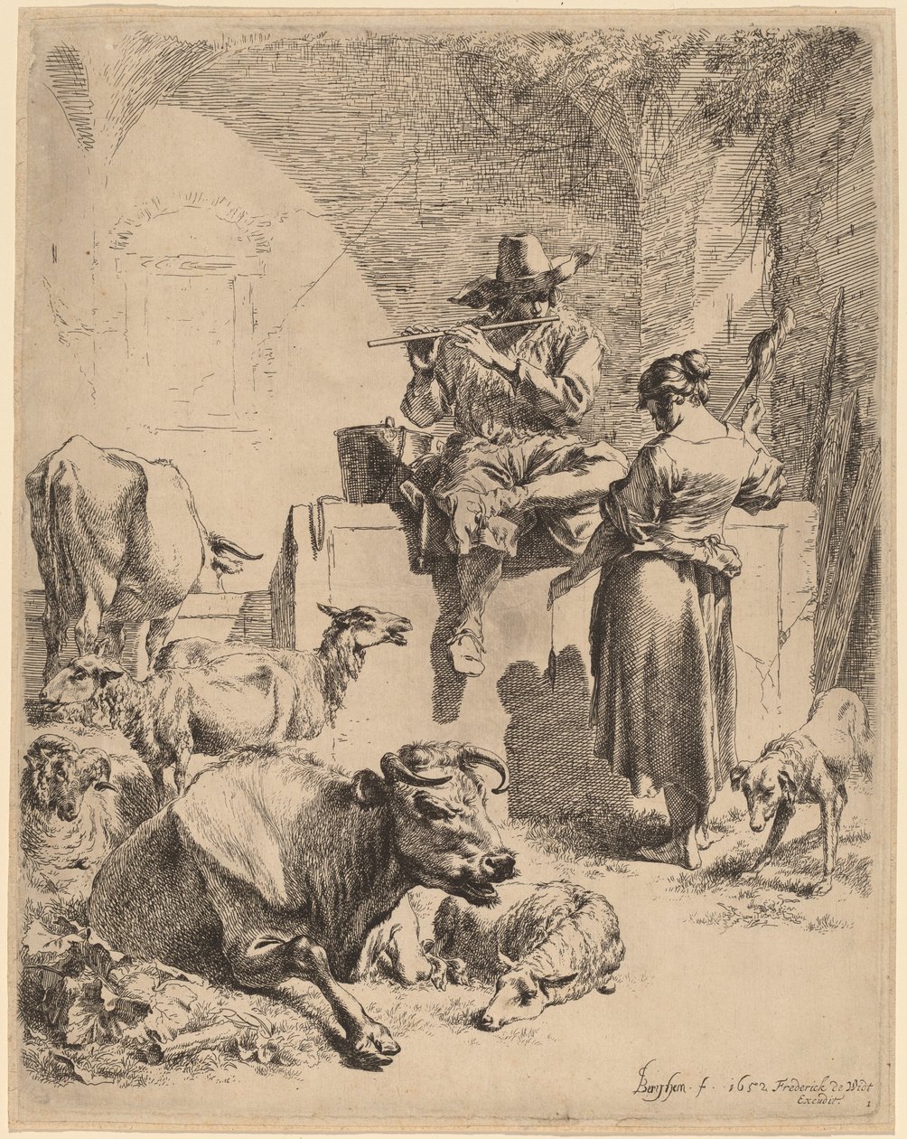 El pastor sentado en una fuente y la hilandera de Nicolaes Pietersz Berchem