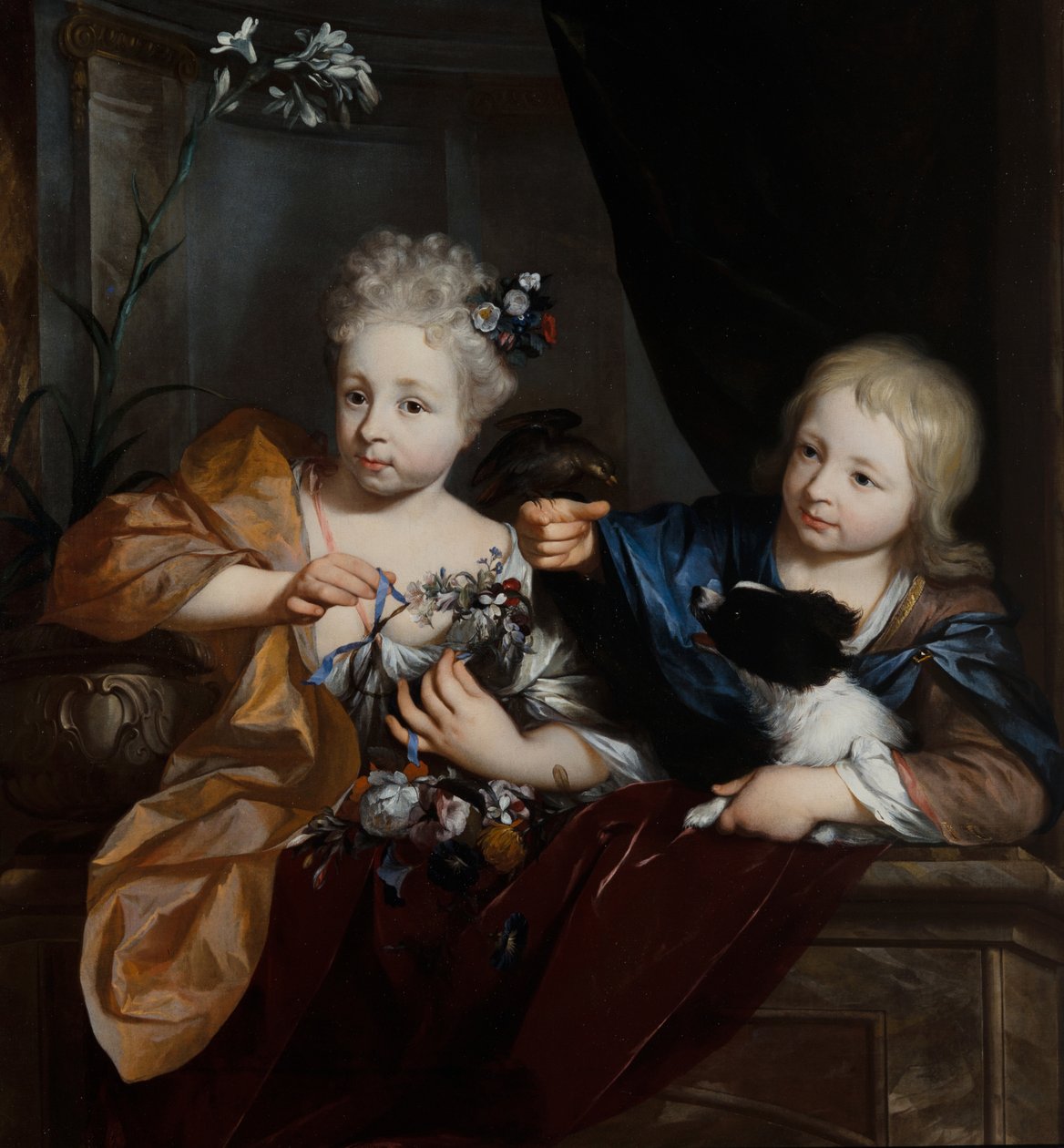Un niño y una niña en un entorno arquitectónico de Nicolaes Verkolje