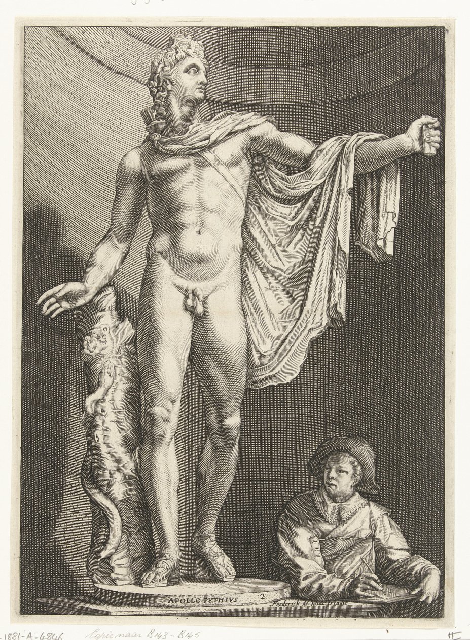 Apolo Belvedere Apollo Pythivs (título sobre el objeto) Tres estatuas antiguas en Roma después de Goltzius (título de la serie) de Nicolaes de Bruyn