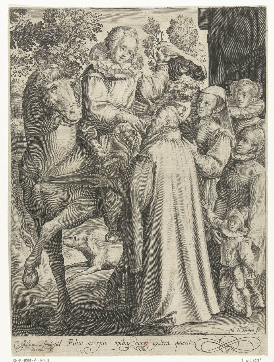 El hijo pródigo recibe su herencia y se va de viaje Filius acceptis opibus minor extera quaerit (título sobre el objeto) Cuento del hijo pródigo (título de la serie) de Nicolaes de Bruyn