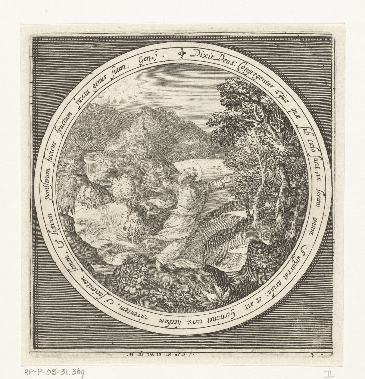 Tercer Día de la Creación: Dios crea la tierra y las plantas y árboles que dan semillas con frutos que dan semillas Desde la creación hasta la expulsión del paraíso (título de la serie) de Nicolaes de Bruyn