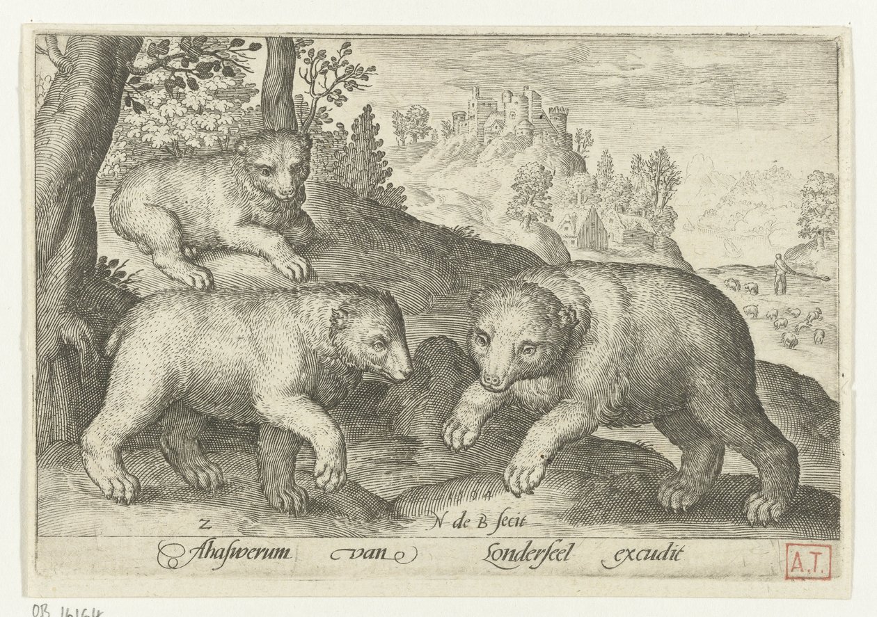 tres osos Animalivm qvadrvpedvm (título de la serie) Animales en paisajes (título de la serie) de Nicolaes de Bruyn