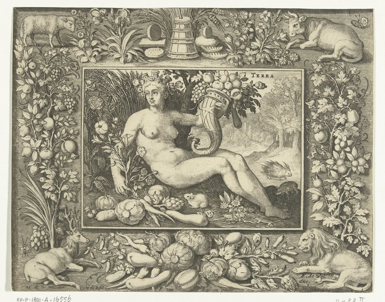 Elemento tierra como mujer desnuda con cuerno de la abundancia Terra (título sobre el objeto) Los cuatro elementos (título de la serie) de Nicolaes de Bruyn