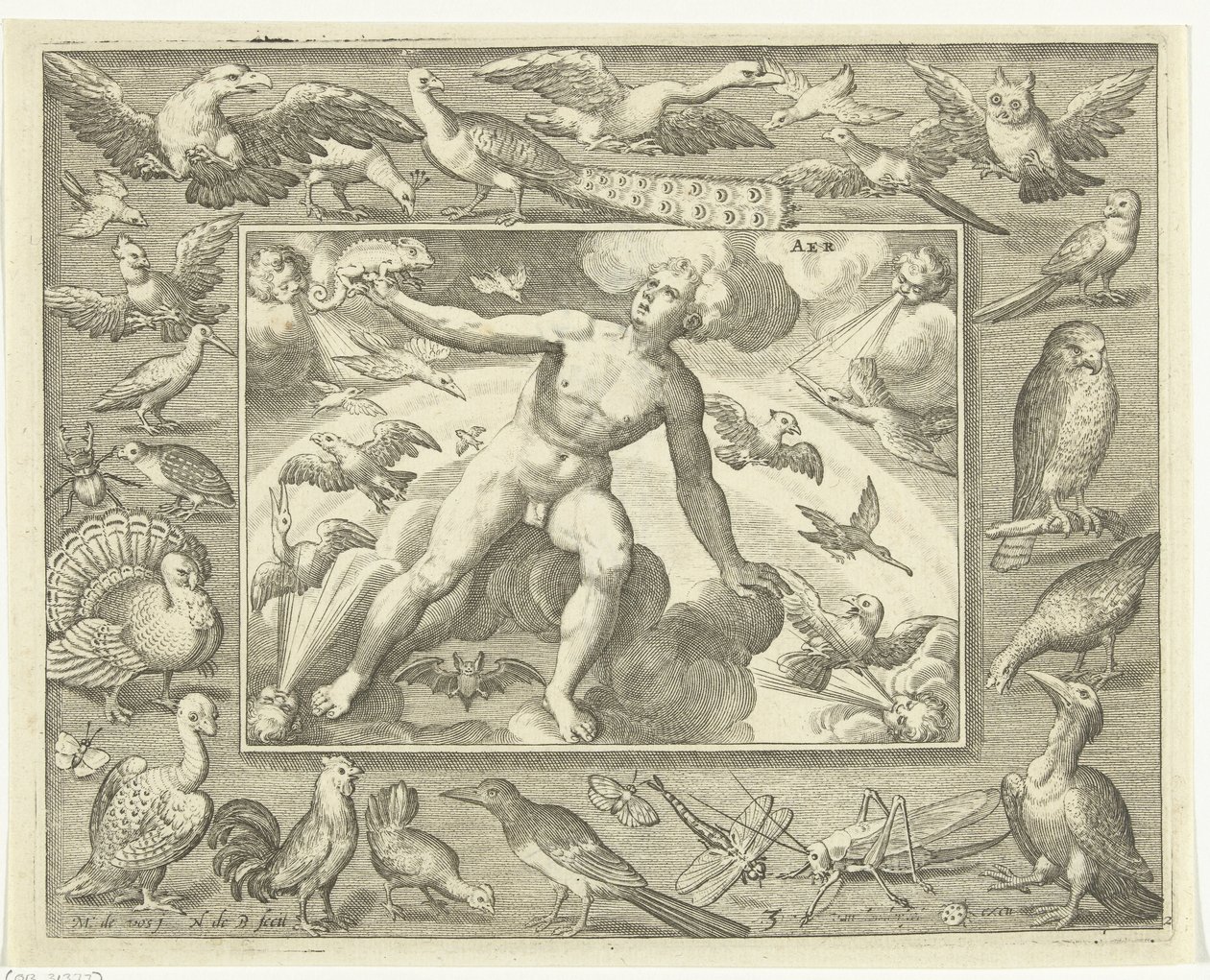 Elemento de aire de joven sobre nubes entre pájaros voladores Aer (título sobre el objeto) Los cuatro elementos (título de la serie) de Nicolaes de Bruyn