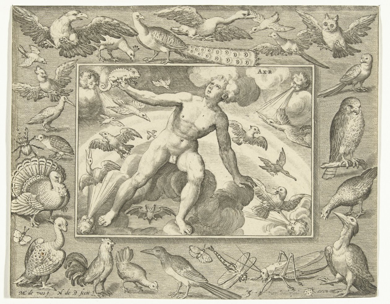 Elemento de aire de joven sobre nubes entre pájaros voladores Aer (título sobre el objeto) Los cuatro elementos (título de la serie) de Nicolaes de Bruyn