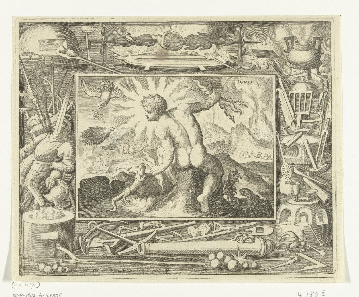 Elemento de fuego de joven con relámpagos. Ignis (título sobre objeto) Los cuatro elementos (título de la serie) de Nicolaes de Bruyn