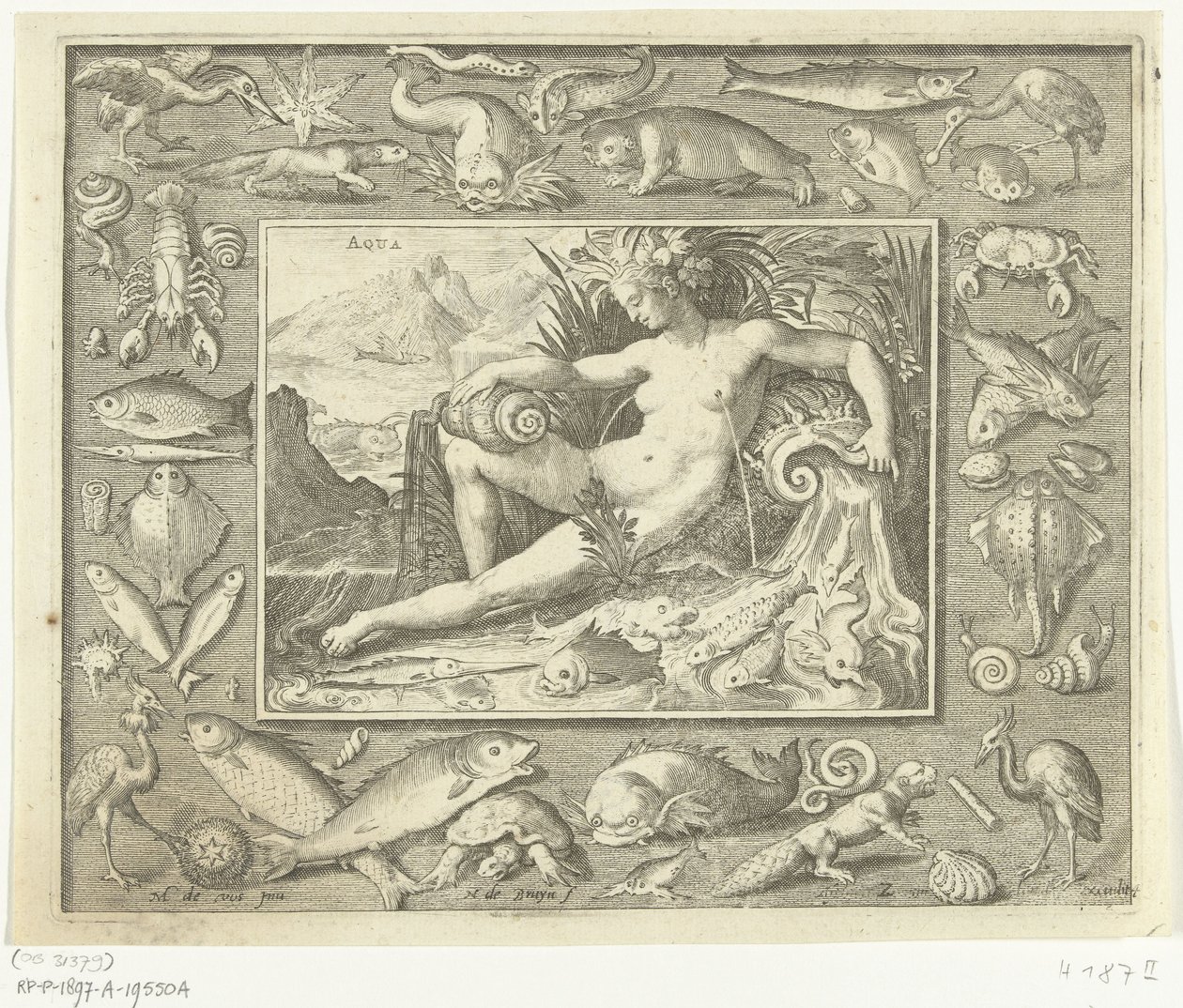 Elemento de agua como mujer en pozo con pescado. Aqua (título sobre el objeto) Los cuatro elementos (título de la serie) de Nicolaes de Bruyn