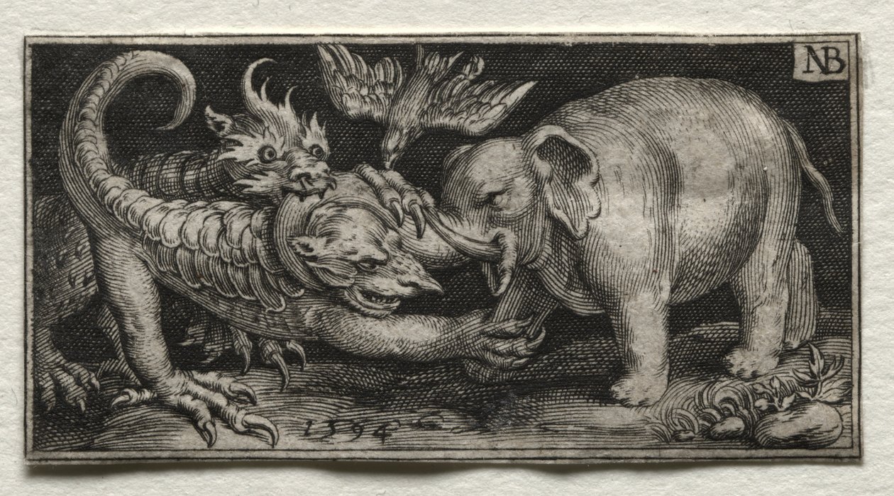 Elefante luchando contra dos bestias de Nicolaes de Bruyn