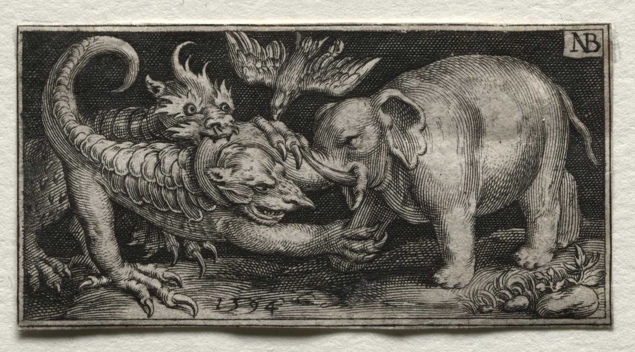 Elefante luchando contra dos bestias, 1594 de Nicolaes de Bruyn