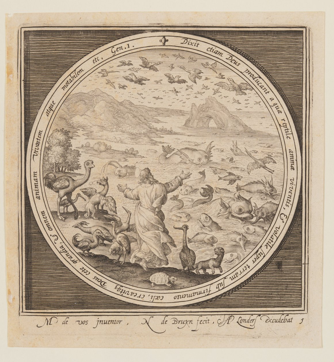 Quinto Día: La Creación de las Aves y los Peces, desde La Creación hasta la Expulsión del Paraíso de Nicolaes de Bruyn