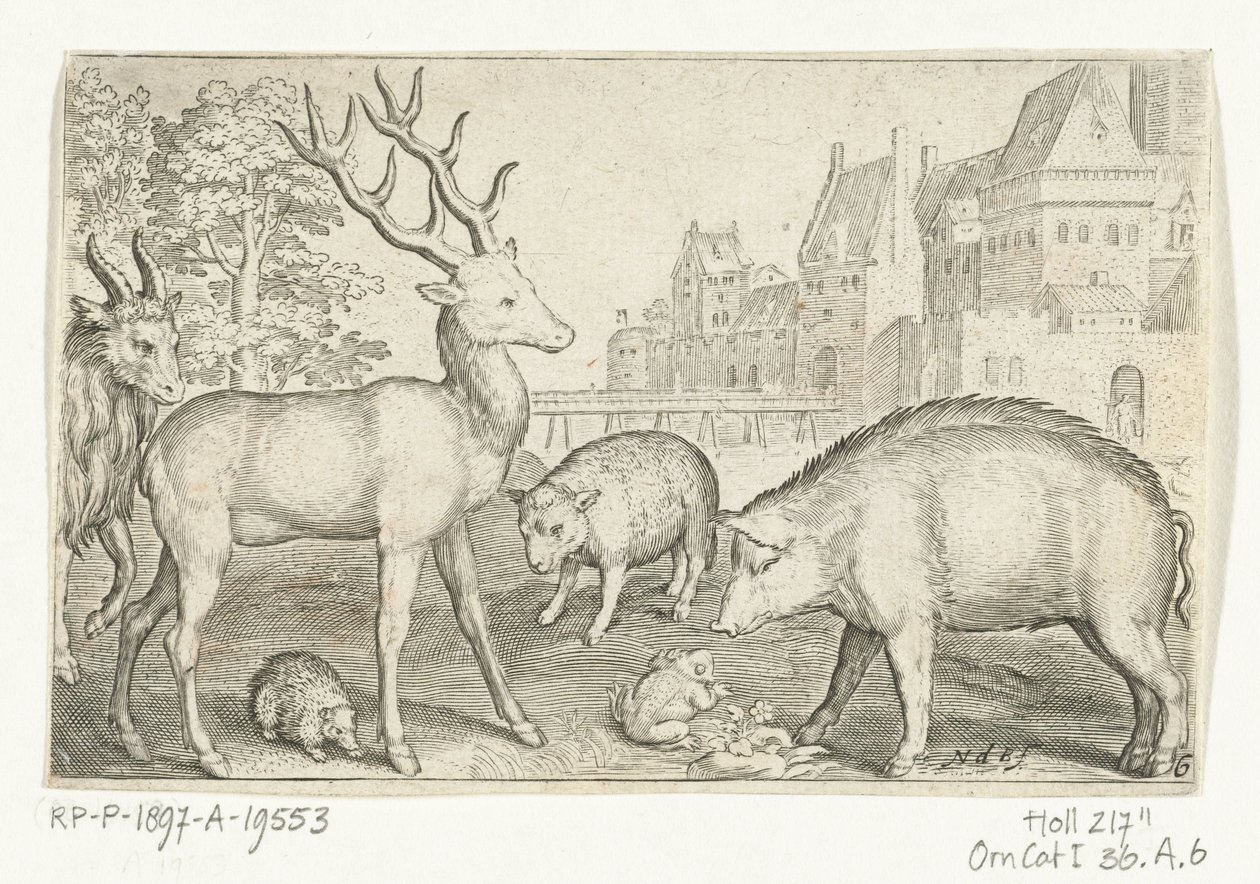 Ciervo, erizo, oveja, rana y cerdo Animalivm qvadrvpedvm (título de la serie) Animales en paisajes (título de la serie) de Nicolaes de Bruyn