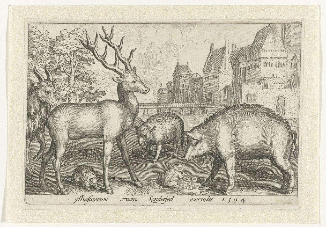 Ciervo, erizo, oveja, rana y cerdo Animalivm qvadrvpedvm (título de la serie) Animales en paisajes (título de la serie) de Nicolaes de Bruyn