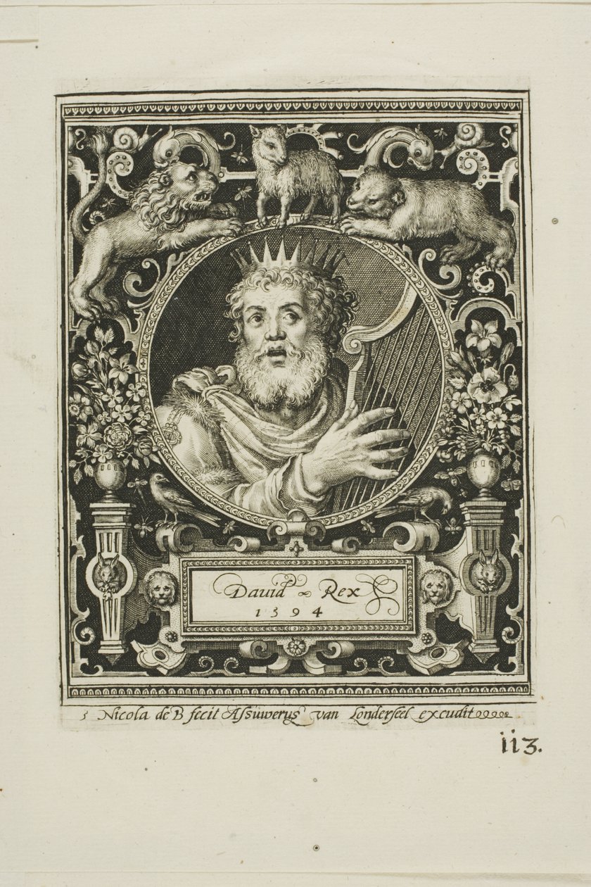 Rey David, lámina cinco de Los Nueve Dignos de Nicolaes de Bruyn