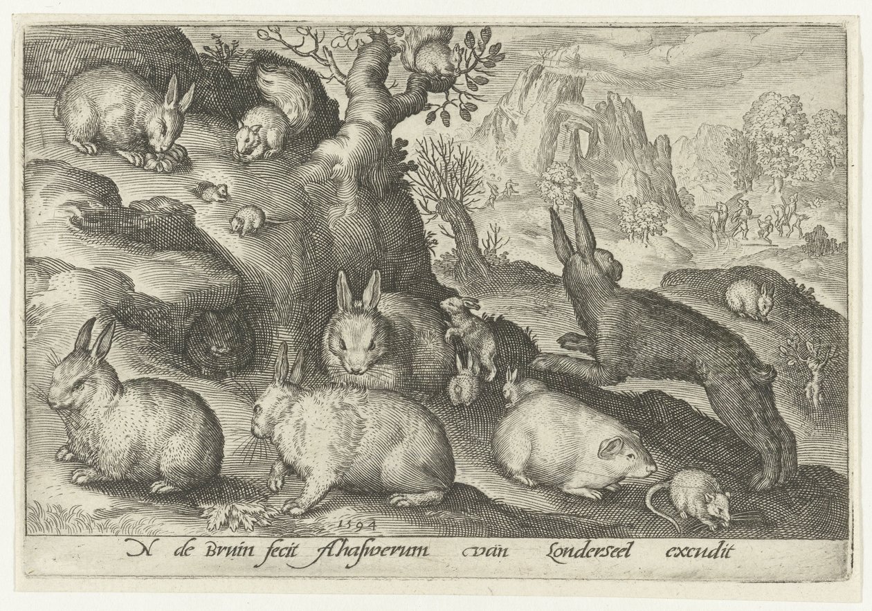 Conejos, ardilla, conejillo de indias y ratón Animalivm qvadrvpedvm (título de la serie) Animales en paisajes (título de la serie) de Nicolaes de Bruyn