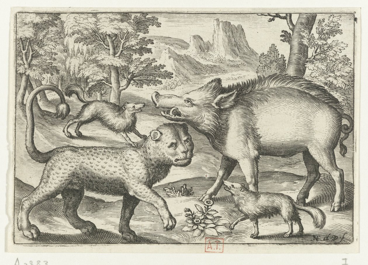 Leopardo, jabalí y dos perros Animalivm qvadrvpedvm (título de la serie) Animales en paisajes (título de la serie) de Nicolaes de Bruyn