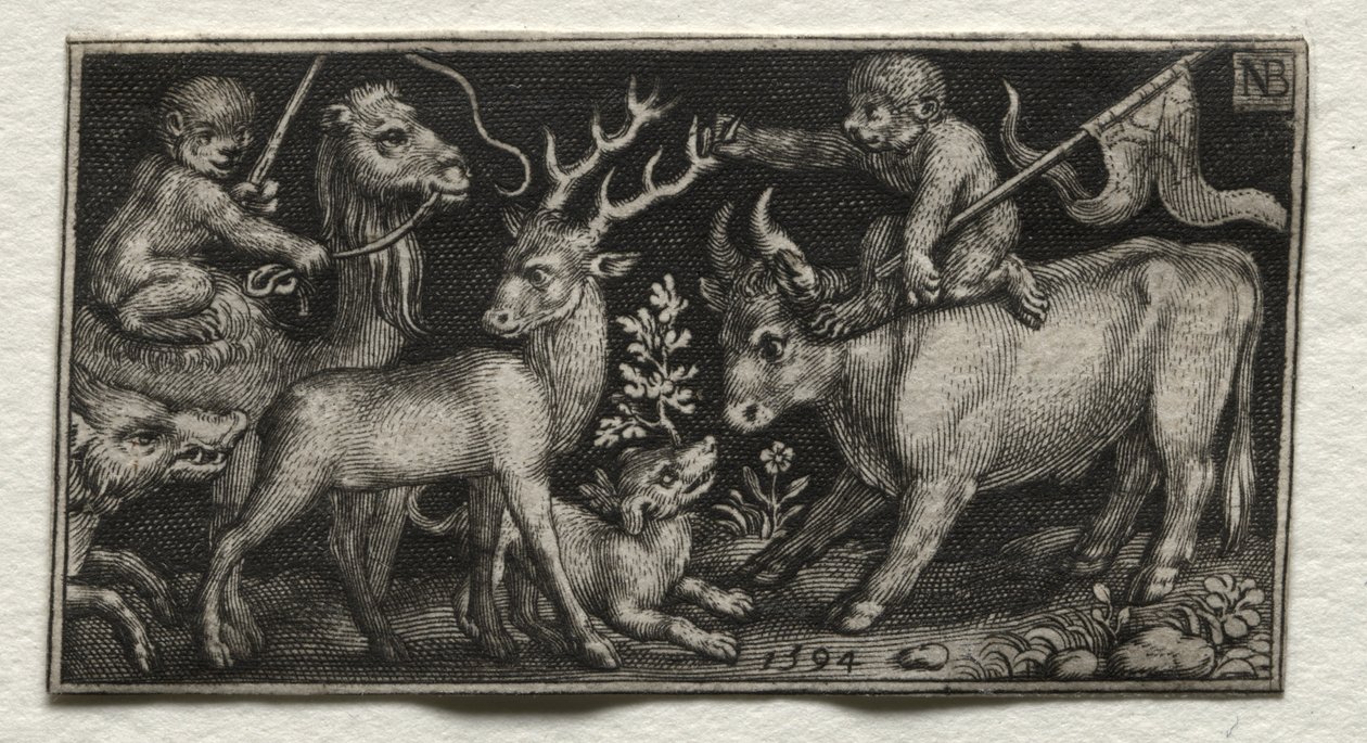 Monos montando un camello y un toro de Nicolaes de Bruyn