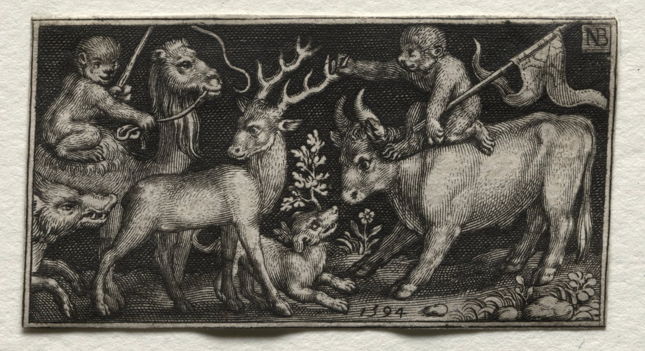 Monos montando un camello y un toro, 1594 de Nicolaes de Bruyn