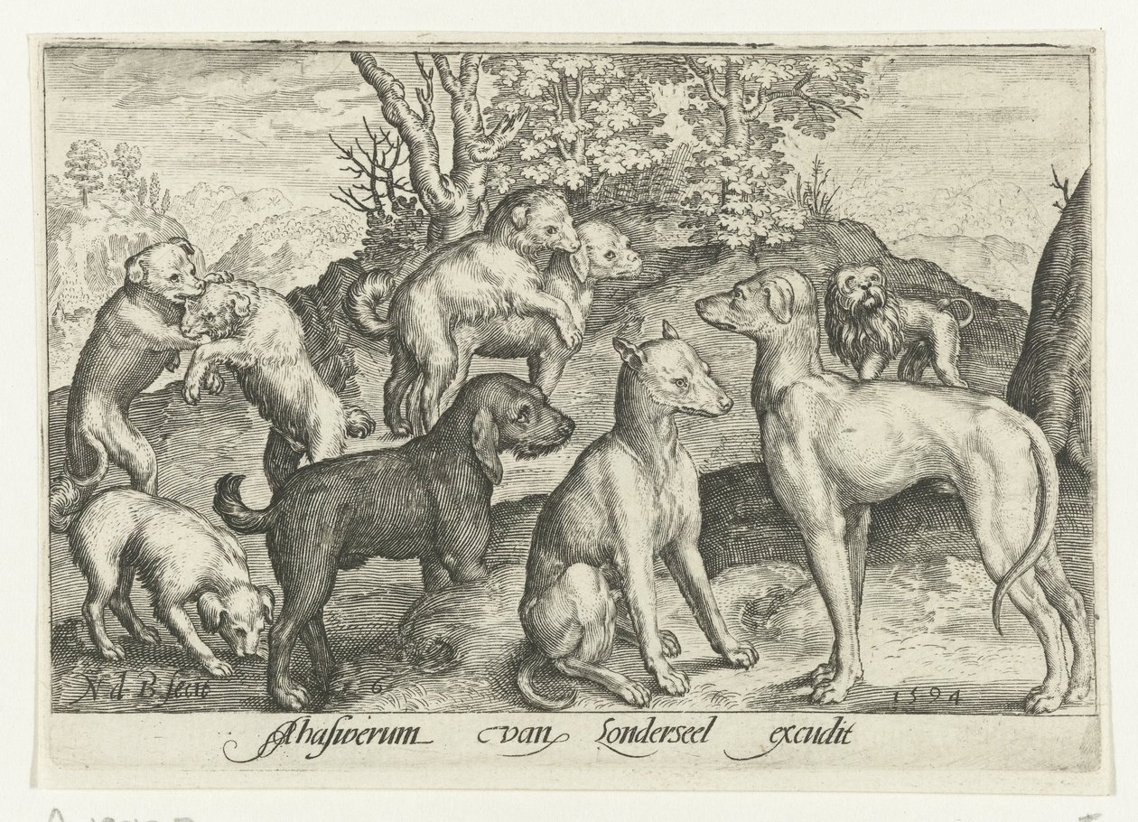 Nueve perros Animalivm qvadrvpedvm (título de la serie) Animales en paisajes (título de la serie) de Nicolaes de Bruyn