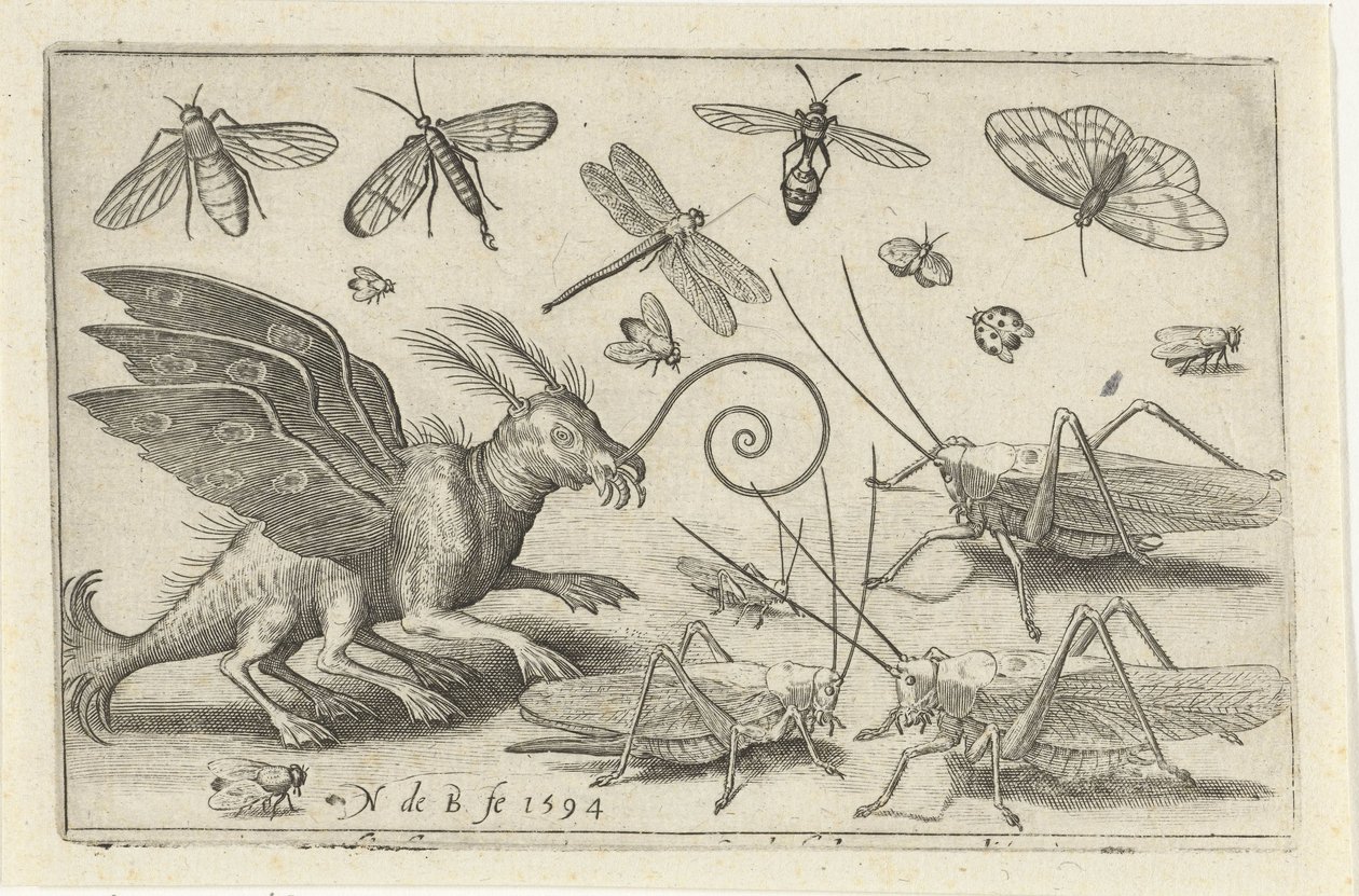 Saltamontes y criatura de fantasía con alas y patas palmeadas. Pájaros e insectos (título de la serie) de Nicolaes de Bruyn