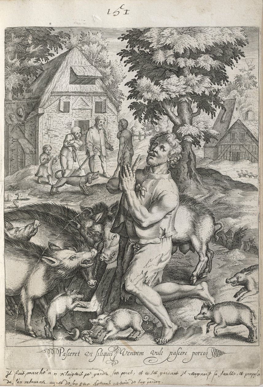 El hijo pródigo entre los cerdos, lámina 5 de La historia del hijo pródigo de Nicolaes de Bruyn