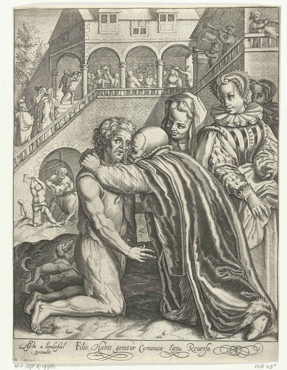 Regreso a casa del hijo pródigo Filio habet conuiuia laeta Reuerso (título sobre objeto) Cuento del hijo pródigo (título de la serie) de Nicolaes de Bruyn