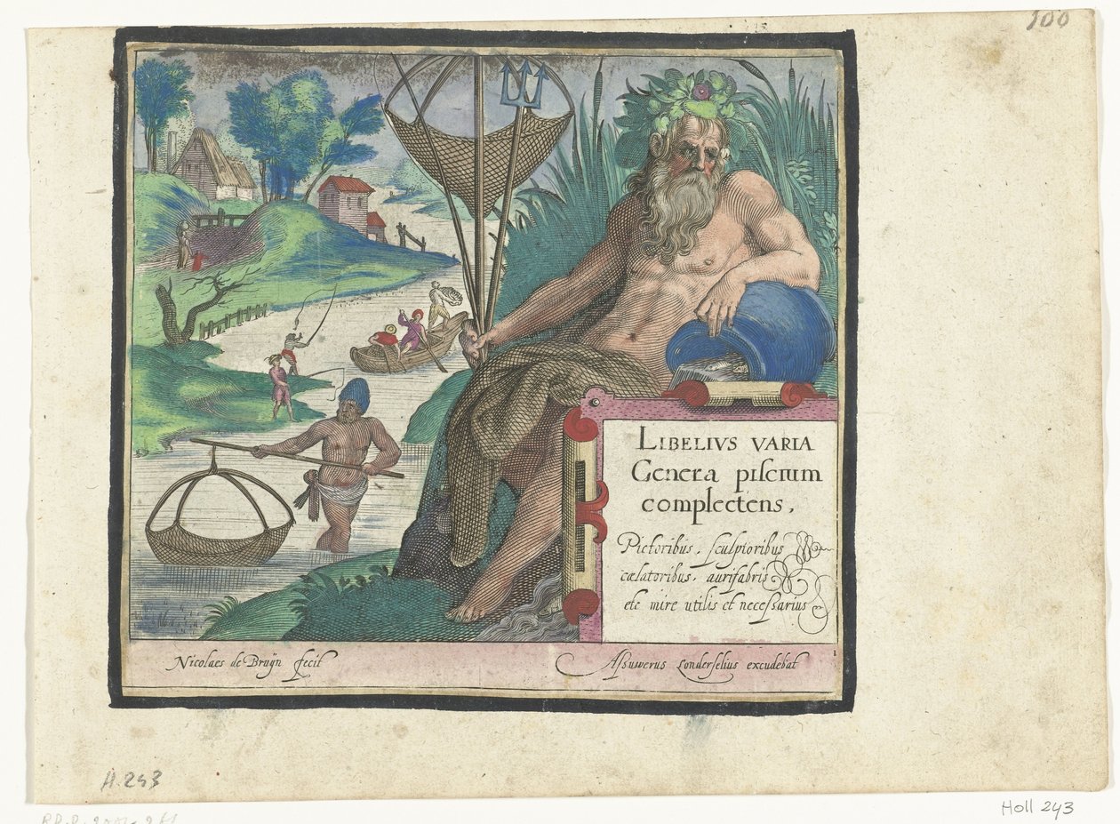 Impresión de título con título y dios del río con tridente y red de pesca en paisaje con pescadores Libelivs miscelánea Genera piscium complectens (título de la serie) Peces de agua dulce, peces marinos, ranas, crustáceos y criaturas marinas (título de la  de Nicolaes de Bruyn