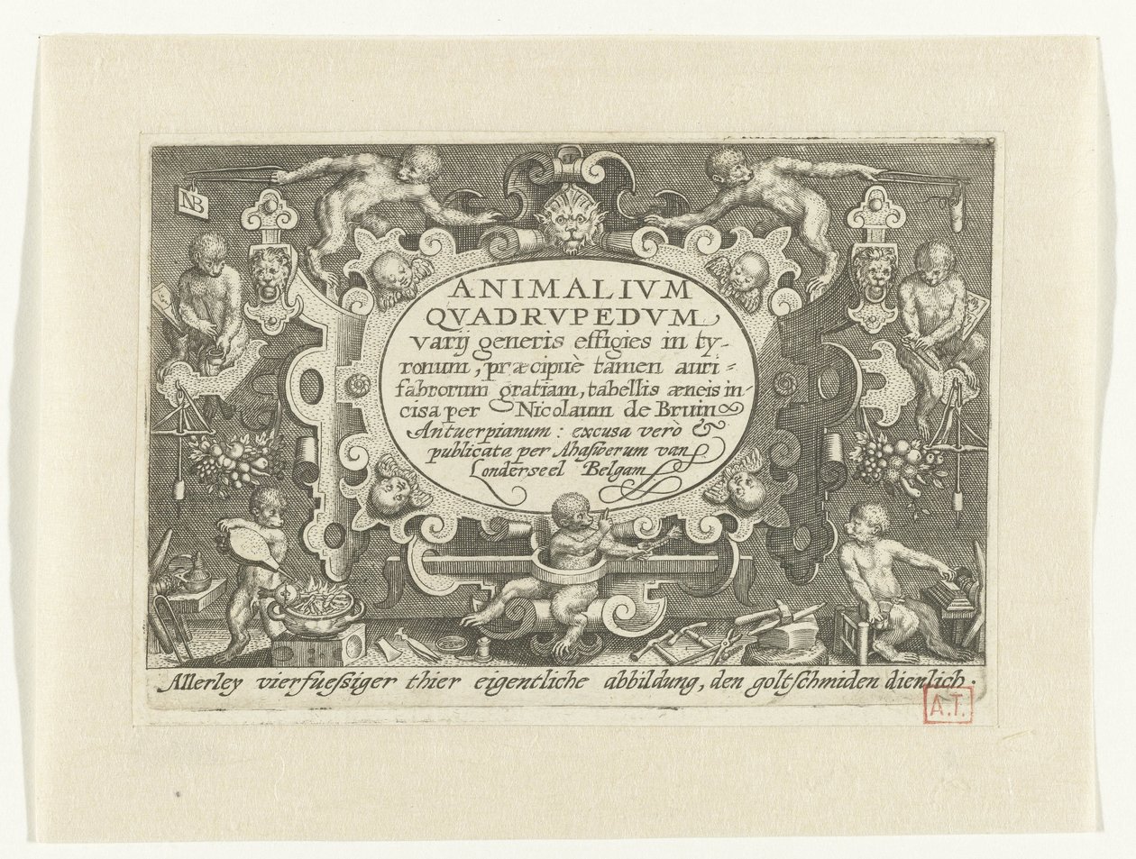 Impresión de título con título en cartucho rodeado de monos trabajando como orfebre Animalivm qvadrvpedvm (título sobre el objeto) Animales en paisajes (título de la serie) de Nicolaes de Bruyn