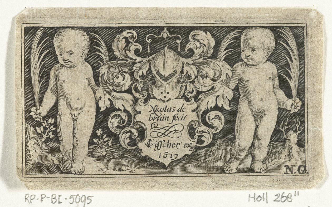 Impresión de título con dos niños con hoja de palma junto al escudo de armas Frisones con niños, ángeles y animales (título de la serie) de Nicolaes de Bruyn