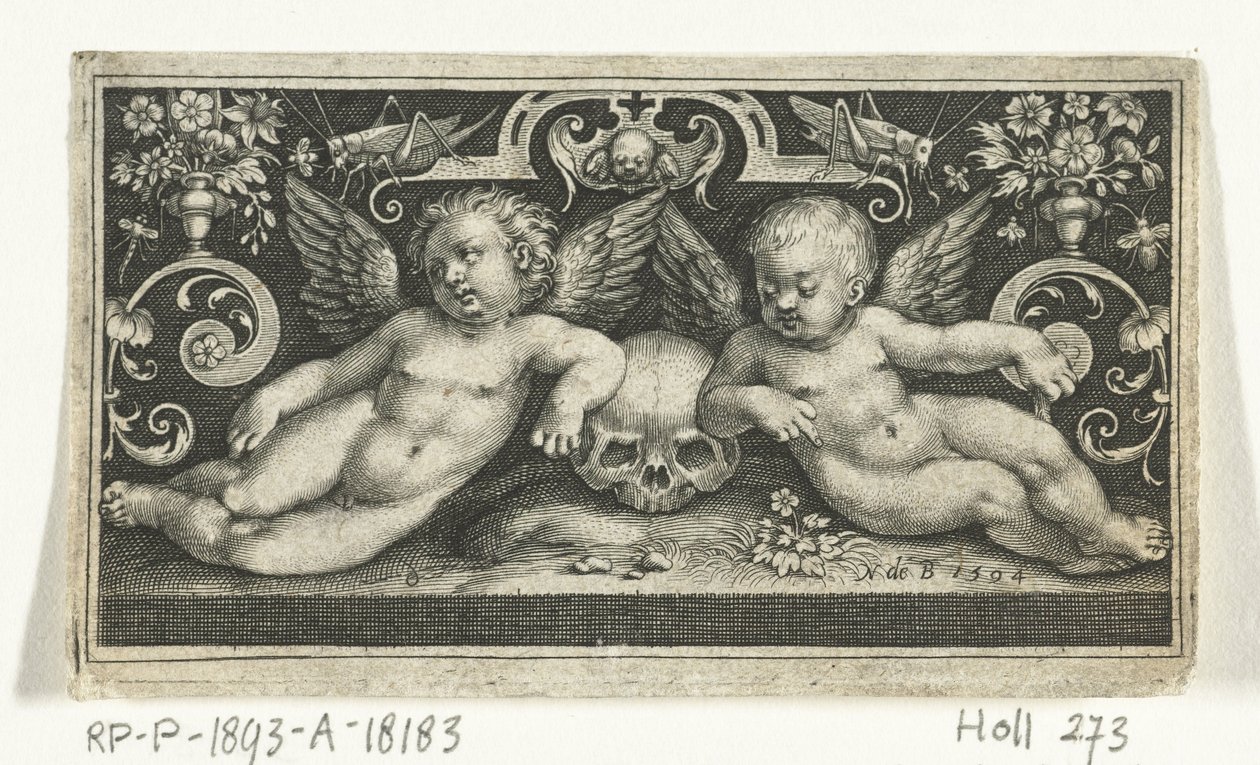 Dos niños peleando, montados en sementales, flanqueados por niños que tocan trompetas. Frisones con niños, ángeles y animales (título de la serie) de Nicolaes de Bruyn
