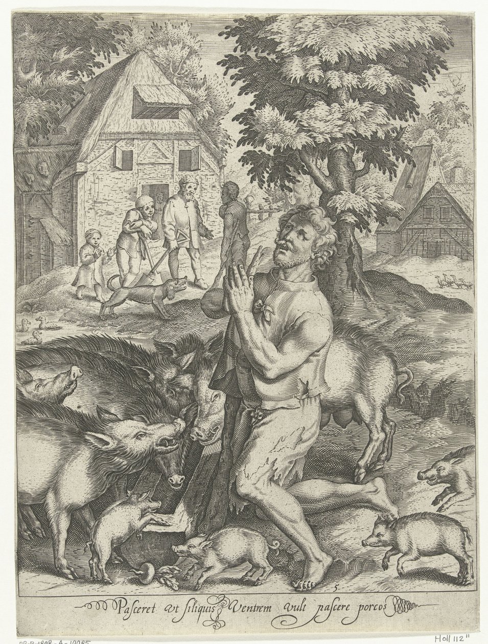 Hijo pródigo como Swineherd Pasceret vt siliquis ventrem fills pascere porcos (título sobre objeto) Cuento del hijo pródigo (título de la serie) de Nicolaes de Bruyn