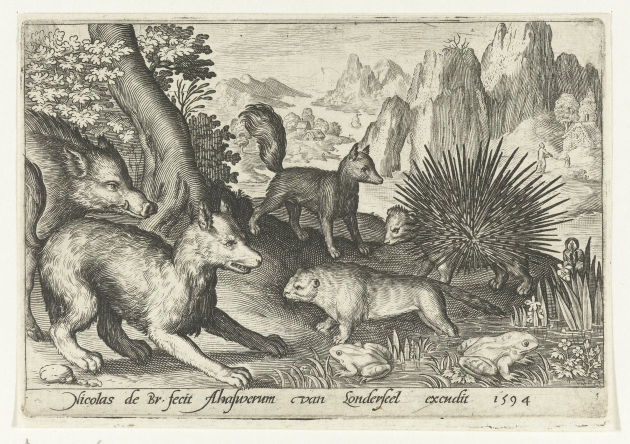 Jabalíes, zorros, castores, puercoespines y ranas Animalivm qvadrvpedvm (título de la serie) Animales en paisajes (título de la serie) de Nicolaes de Bruyn