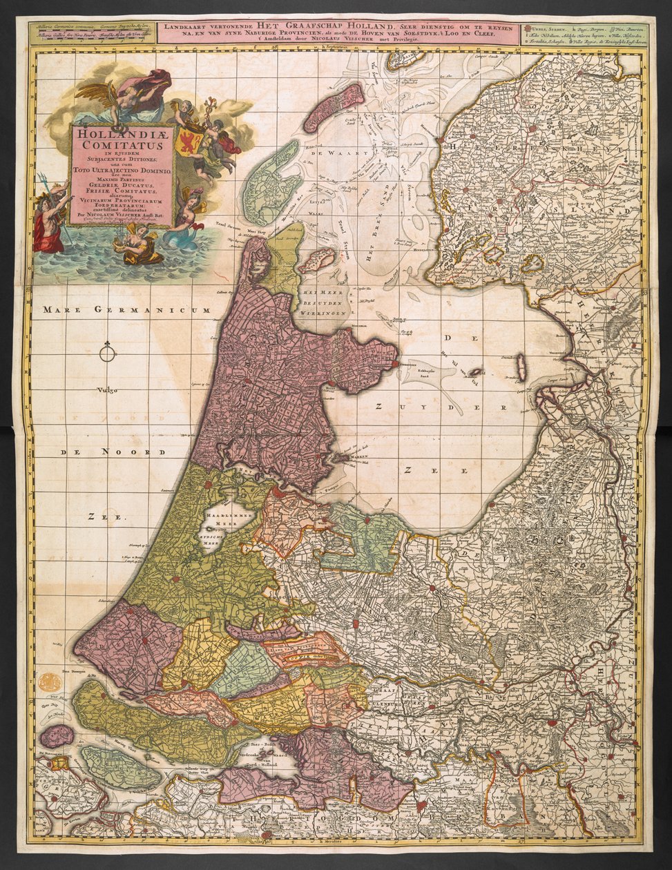 Mapa de Holanda, que muestra asentamientos, marismas, bosques, colinas, caminos, ríos y otras características geográficas, c.1710 (grabado en color) de Nicolaes the Elder Visscher
