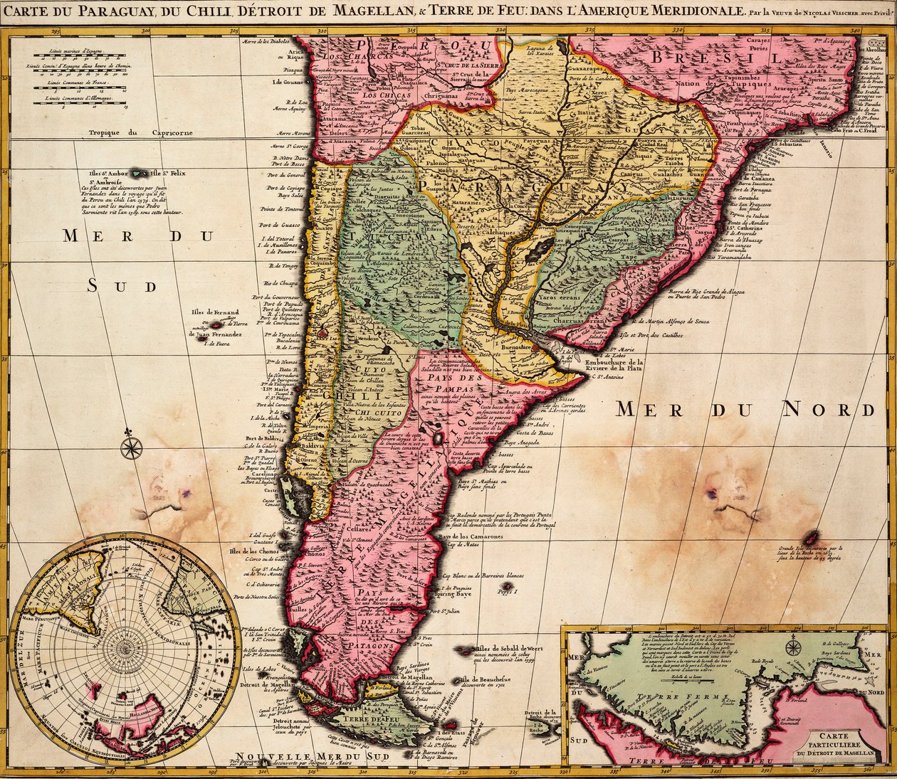 Carta de Paraguay, Chile, Estrecho de Magallanes y Tierra del Fuego en América del Sur, c.1720 (grabado coloreado) de Nicolaes the Younger Visscher