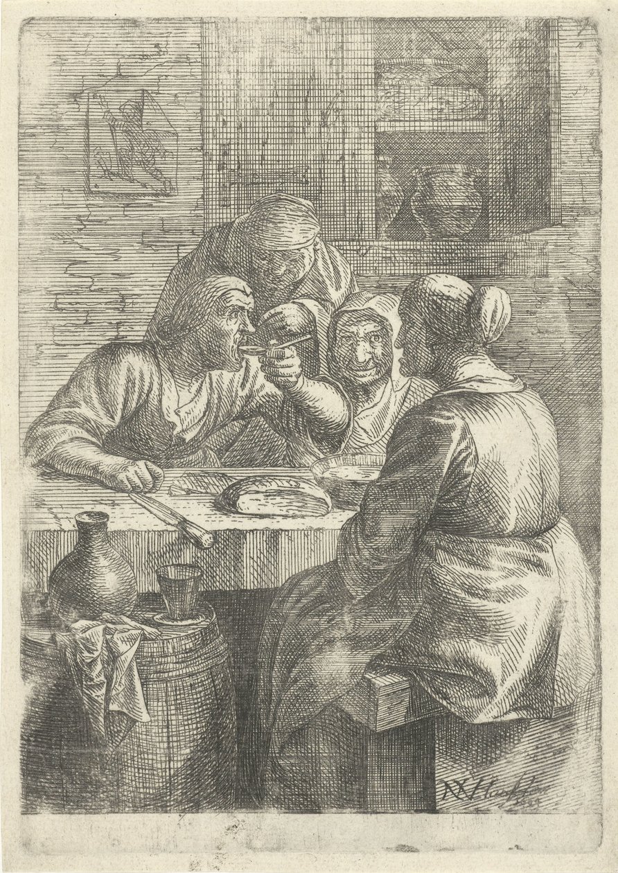 Tres ancianas comiendo en una mesa de Nicolaes van Haeften
