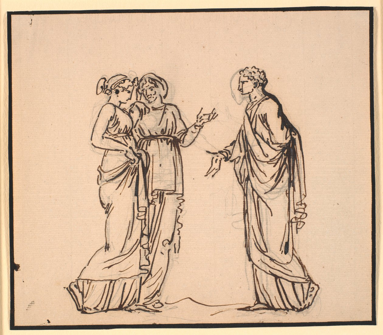 Escena antigua con tres figuras, un hombre hablando con dos mujeres de Nicolai Abildgaard