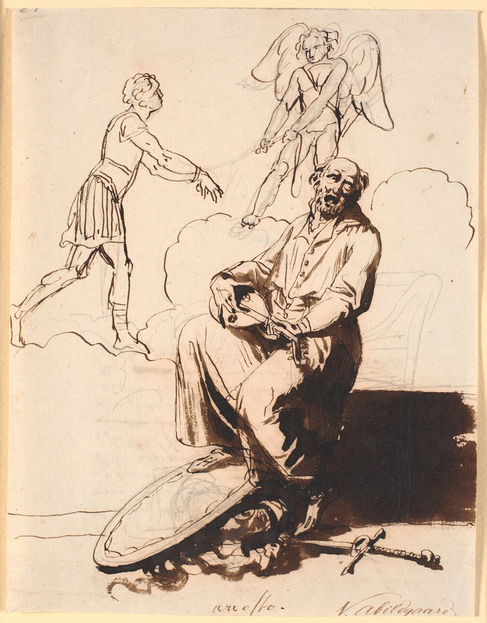 Ariosto, sentado con un laúd, a sus pies armas, en el fondo Cupido arrastra a un hombre de Nicolai Abildgaard