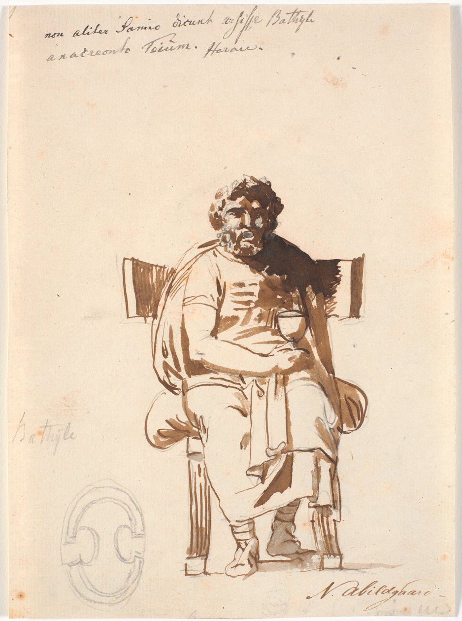 Batyllus, actor en tiempos de Augusto, sentado en una pesada silla antigua, de frente, con una copa en la mano de Nicolai Abildgaard
