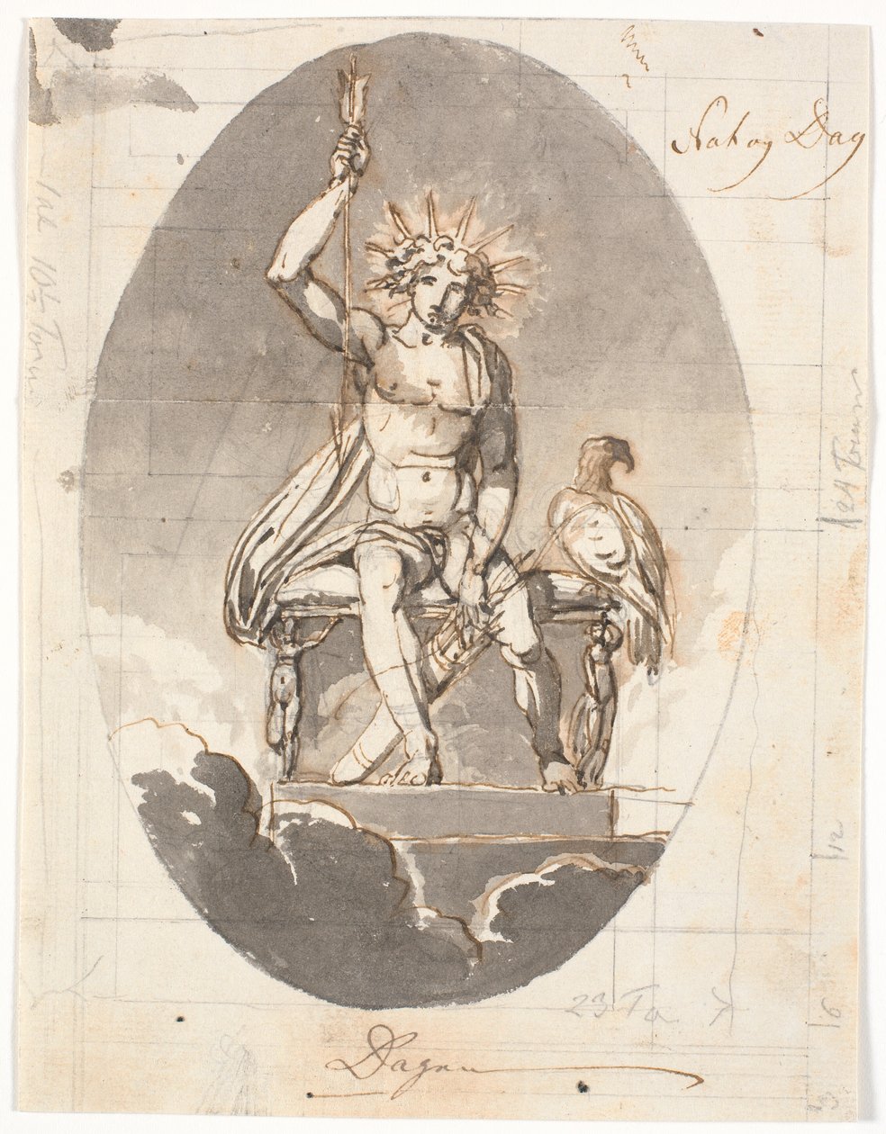 El día, hombre sentado con aureola radiante y flechas de Nicolai Abildgaard