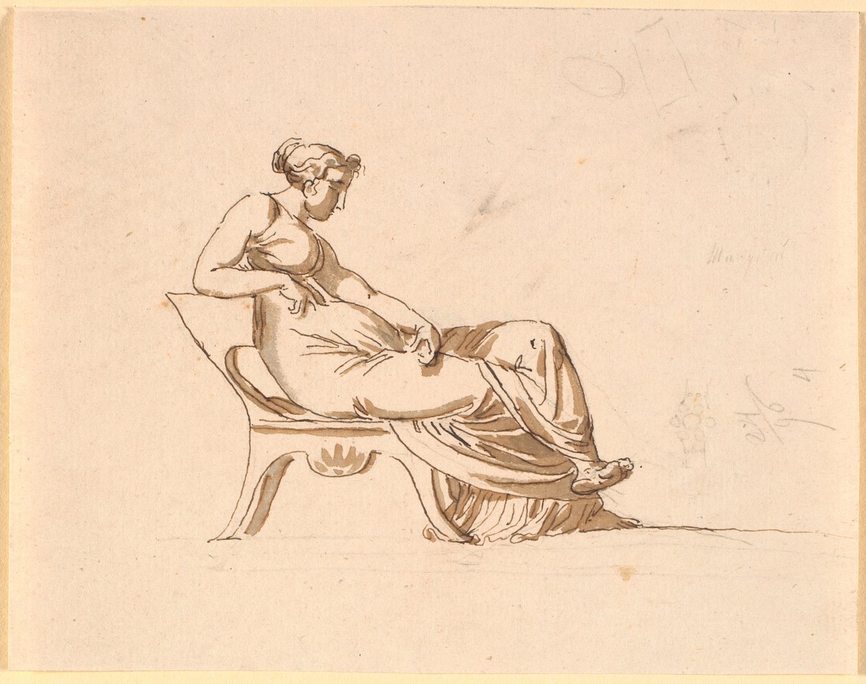 Una mujer embarazada, sentada de perfil a la derecha, en una silla de forma antigua de Nicolai Abildgaard