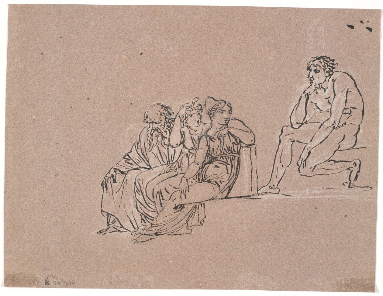 Un grupo compuesto por un anciano y dos mujeres sentadas, que se vuelven hacia un hombre sentado más arriba de Nicolai Abildgaard
