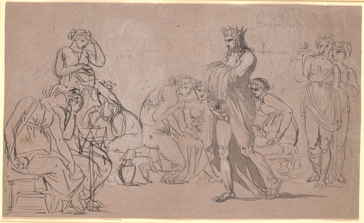 Una figura masculina coronada muestra sus genitales en medio de una multitud de mujeres sentadas y de pie de Nicolai Abildgaard