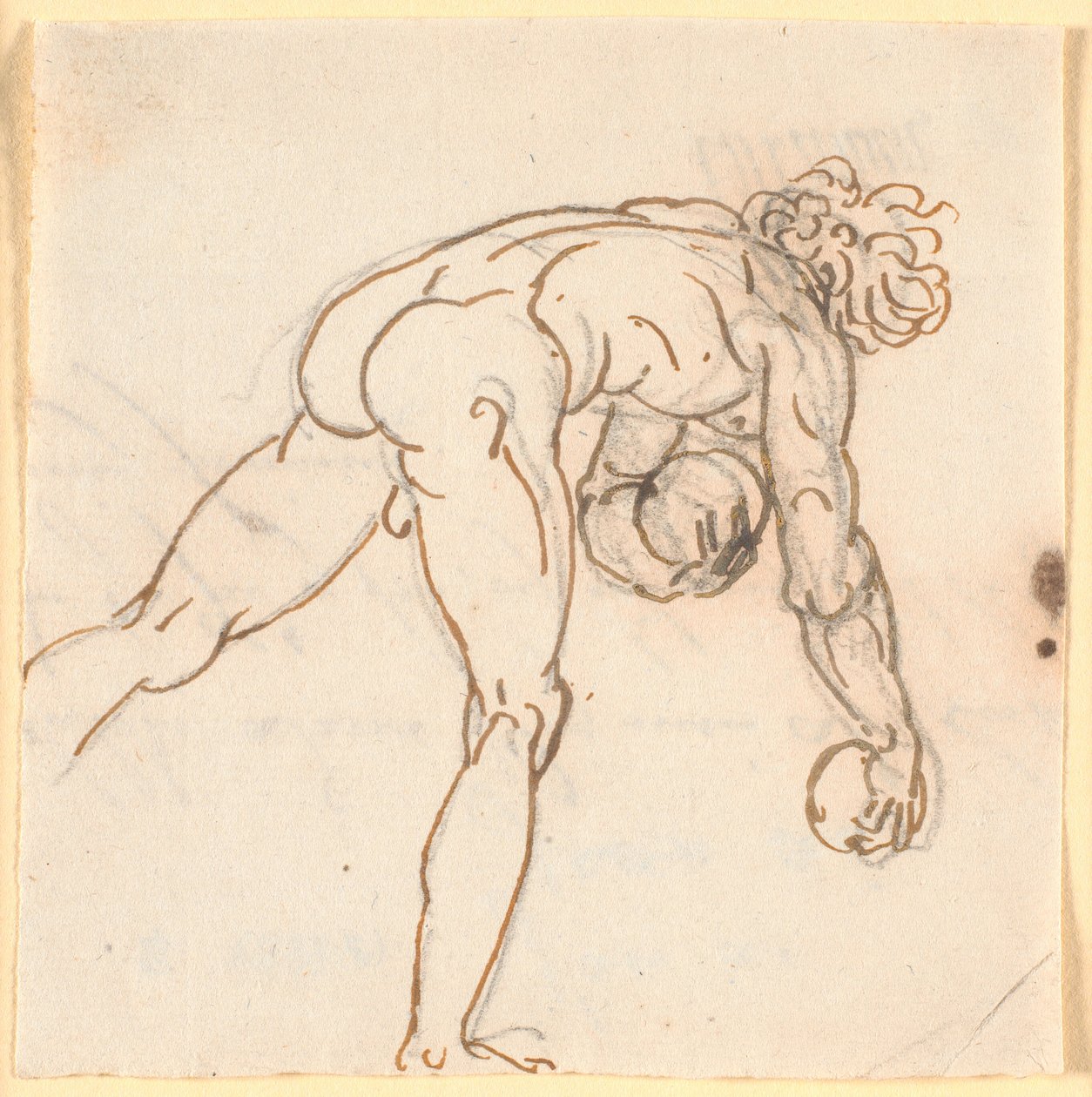 Un hombre desnudo corriendo (jugador de bolos?) con piedras en las manos, visto parcialmente desde atrás de Nicolai Abildgaard