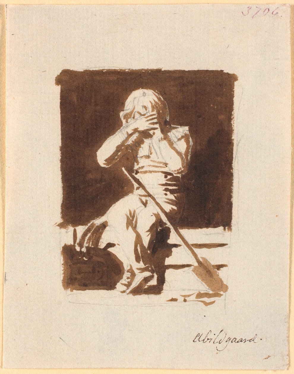 Un niño pequeño llorando, sentado con una pala o un remo, en el borde de un bote (?) de Nicolai Abildgaard
