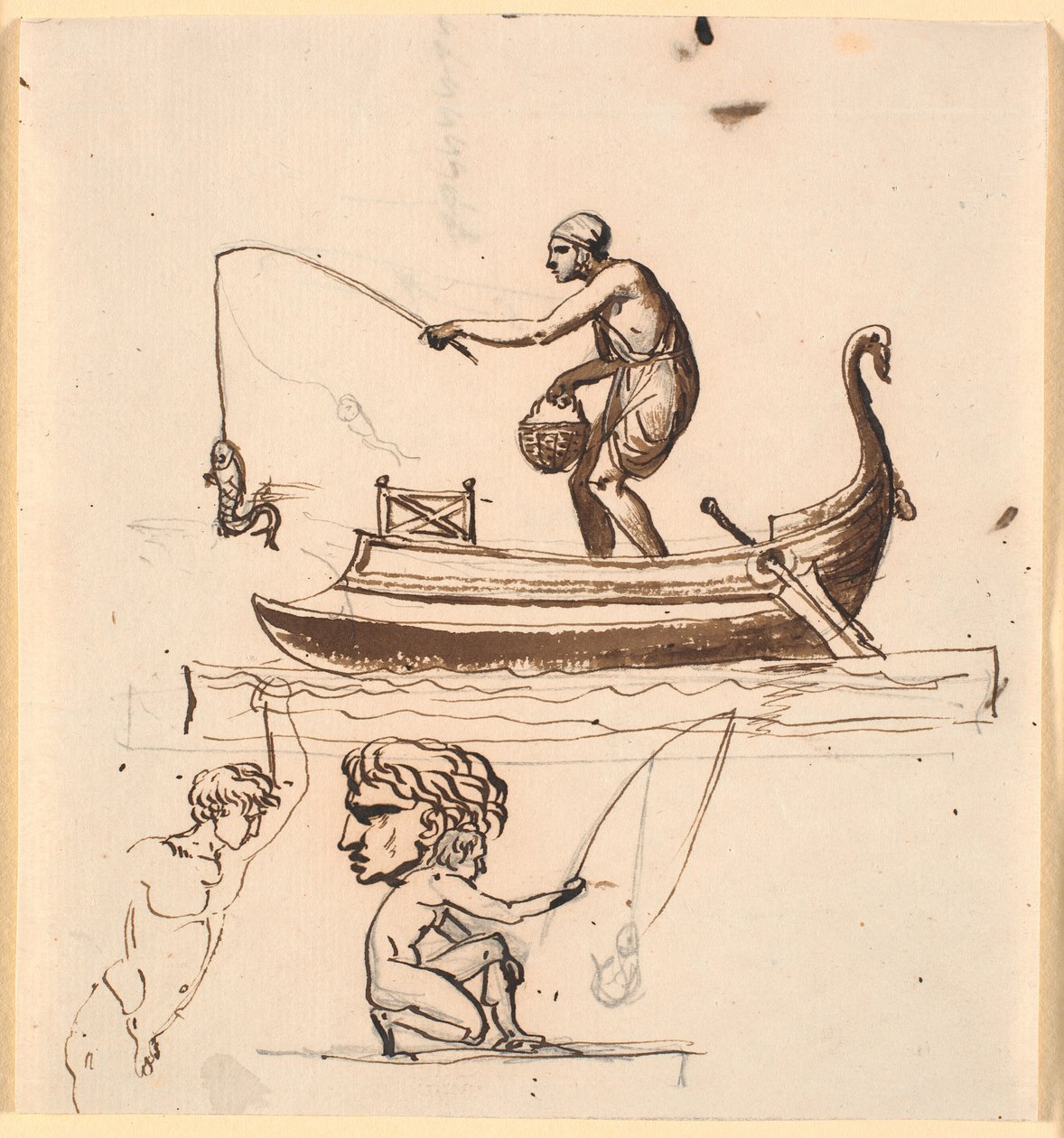 Hombre en un bote levantando un pez con una cuerda. Debajo un boceto de un pescador, una cabeza y un hombre desnudo de Nicolai Abildgaard