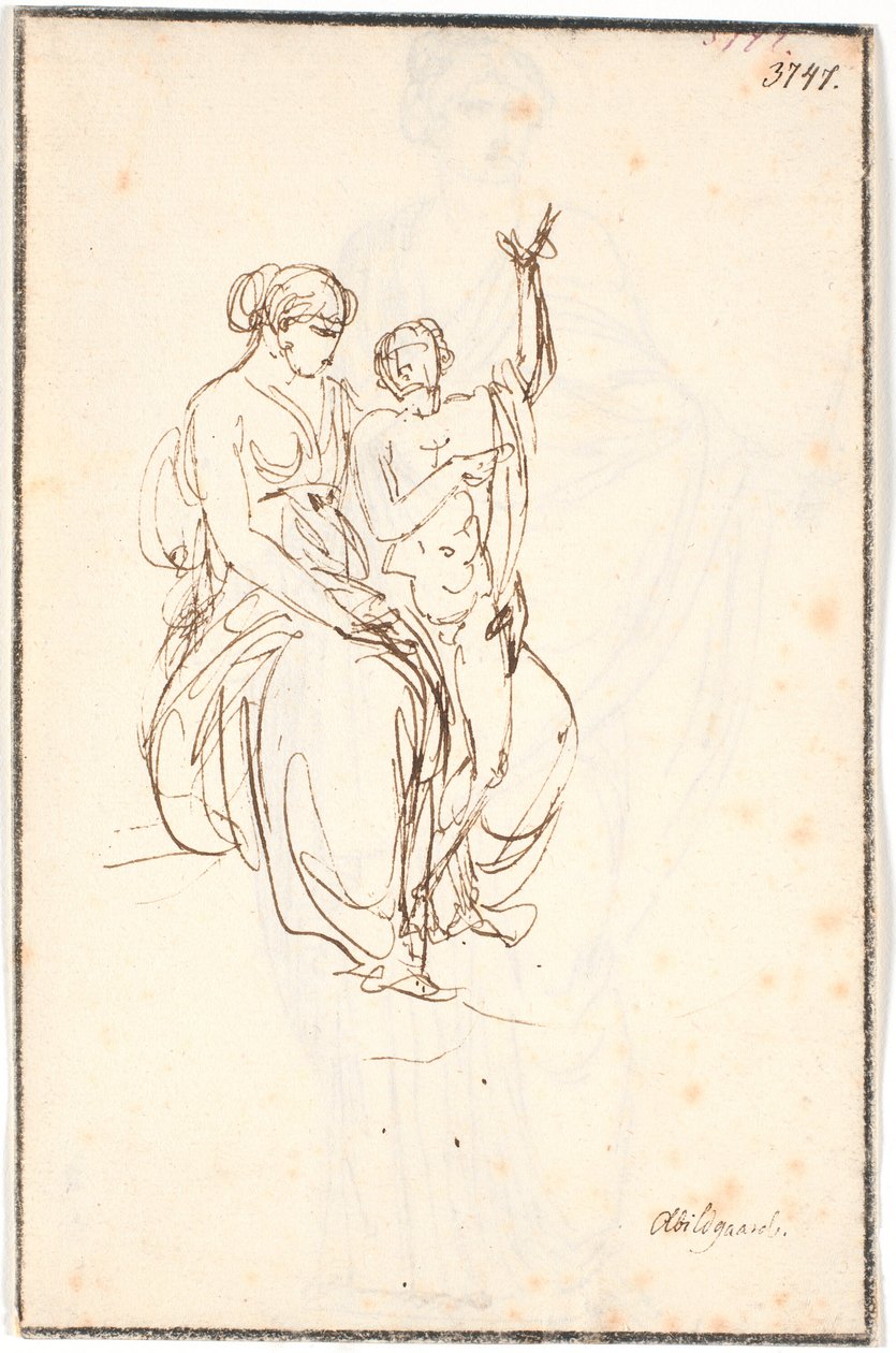 Una joven sentada con un niño desnudo de pie levantando un brazo de Nicolai Abildgaard