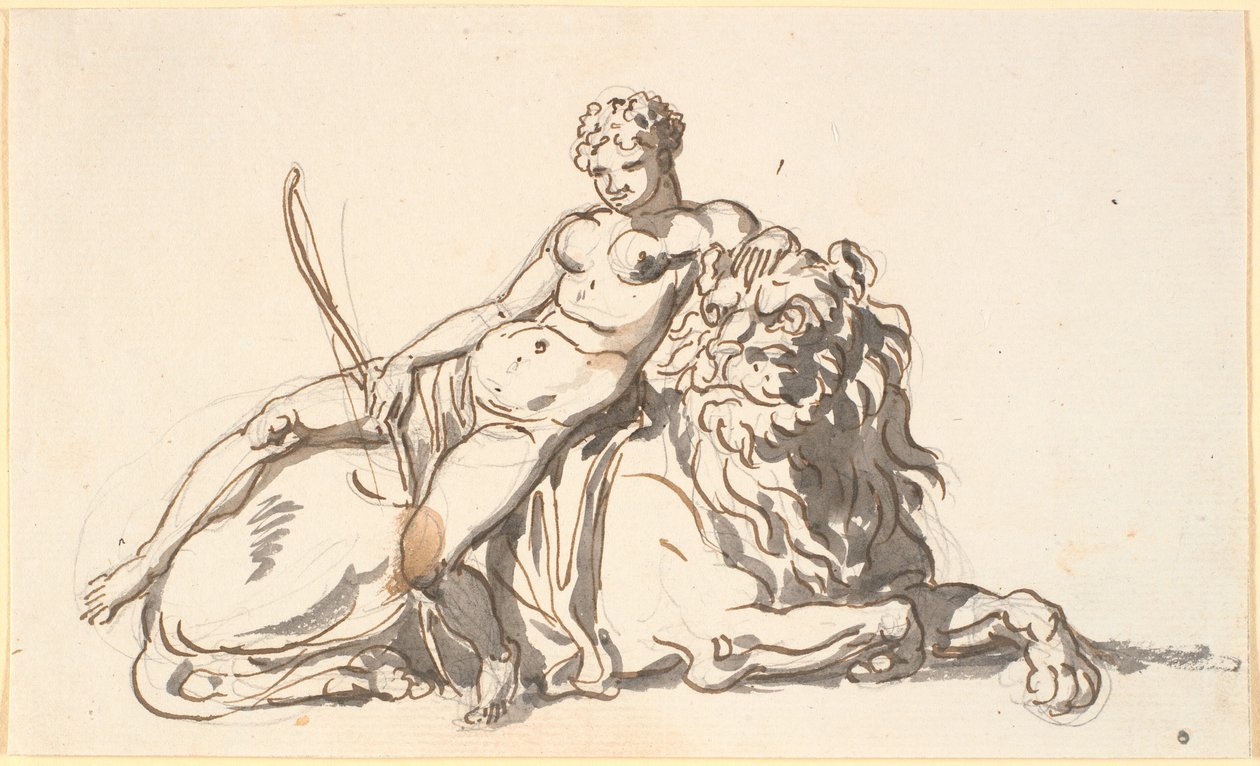 Una mujer africana descansando sobre un león. Alegoría de África de Nicolai Abildgaard