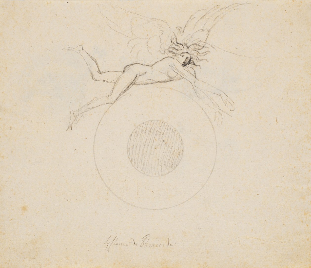 Un genio alado, flotando sobre un globo, indicado con un par de arcos de círculo de Nicolai Abildgaard
