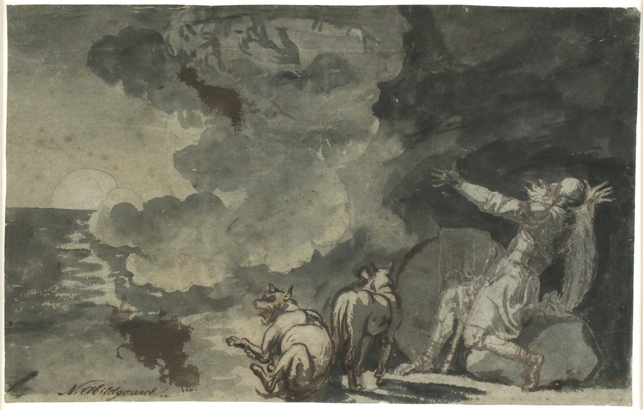 Fingal ve los espíritus de sus antepasados a la luz de la luna. Escena de Ossian de Nicolai Abildgaard