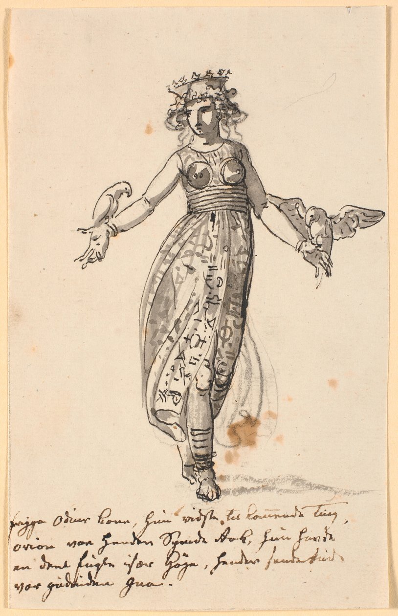 Frigga caminando con un par de halcones en los brazos extendidos. Y algunas líneas con notas del artista de Nicolai Abildgaard